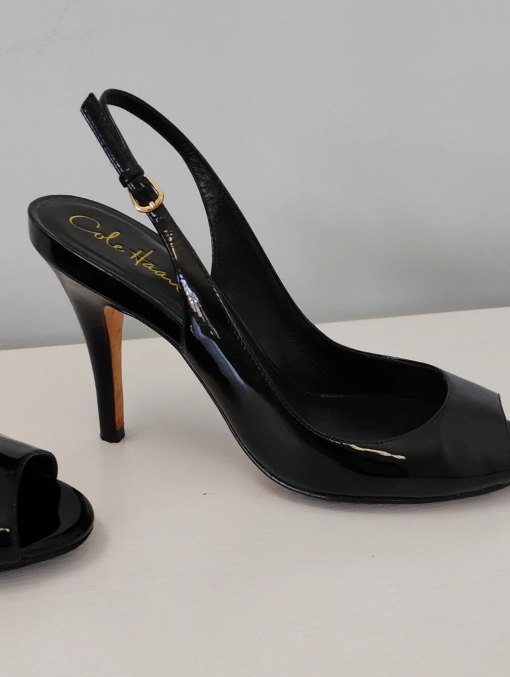 Cole Haan Nike Air Carma Black Leather Patent Slingback Open Peep Toe Heels 8.5